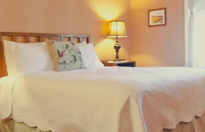 a bedroom with a white bed with a lamp on a table at Julian Lodge in Julian