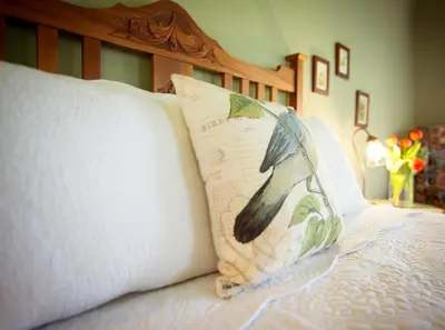 a pillow sitting on top of a bed at Julian Lodge in Julian