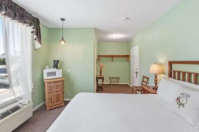 a bedroom with green walls and a bed with a microwave at Julian Lodge in Julian