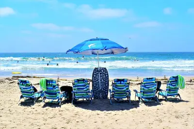 a group of chairs and an umbrella on the beach at Luv Oceanside Views-1 House to Beach, Boardwalk and Waves-Spacious Rooftop Sun Deck-Plus King Beds too! in San Diego