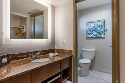 a bathroom with a sink and a toilet at The Encinitan Hotel & Suites in Encinitas