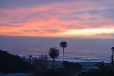 a sunset over a beach with palm trees and the ocean at Moonlight Beach Motel in Encinitas