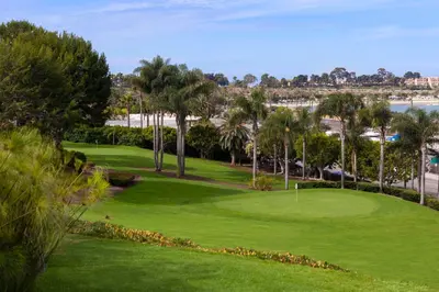 a golf course with palm trees and a green at Hyatt Regency Newport Beach in Newport Beach