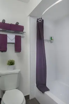 a bathroom with a toilet and purple shower curtain at Hotel Iris - Mission Valley-San Diego Zoo-SeaWorld in San Diego