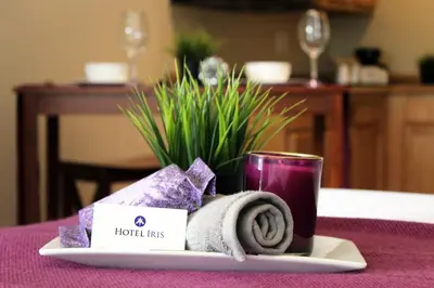 a plate with a cup of tea and a towel at Hotel Iris - Mission Valley-San Diego Zoo-SeaWorld in San Diego