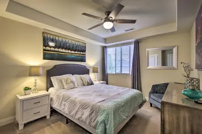 a bedroom with a bed and a ceiling fan at Sunny San Diego Escape Less Than 2 Miles to Pacific Beach! in San Diego