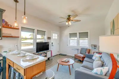 a living room with a couch and a tv at San Diego Guest House Apartment with Patio and Hot Tub in San Diego