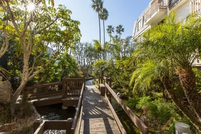 a boardwalk leading to the beach with palm trees and a building at 3 Bedroom! - Complex is on the beach with huge pool in Oceanside