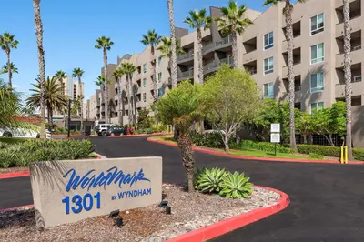 a sign in front of a street with a building at Worldmark Oceanside Harbor in Oceanside