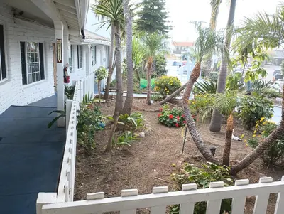 a porch with palm trees and a white fence at Oceana Boutique Hotel in San Clemente