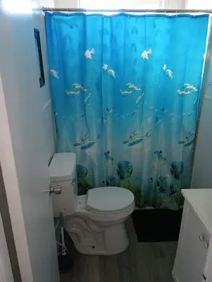 a bathroom with a toilet with a fish shower curtain at Oceana Boutique Hotel in San Clemente