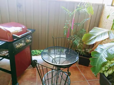 a patio with a table and a chair and some plants at Departamento completo en San Diego & Bonita You can ask for 30 or more days book and save aditional 15 percent in San Diego