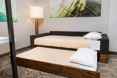 a room with two beds and a lamp at SpringHill Suites by Marriott Irvine Lake Forest in Lake Forest