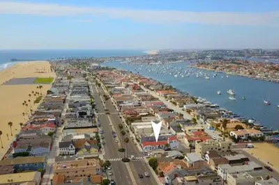 an aerial view of a harbor with boats in the water at 1000#4 Modern Beach Home, Steps from Sand w/AC! in Newport Beach
