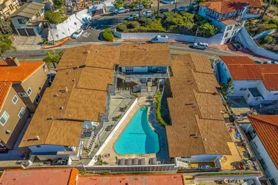an overhead view of a building with a swimming pool at Victoria #5 in San Clemente