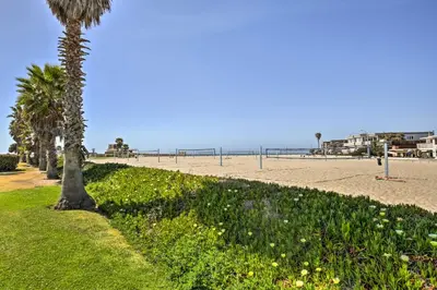 a beach with palm trees and the ocean in the background at San Diego Hub with Bay Views - 1 Block to Beach! in San Diego