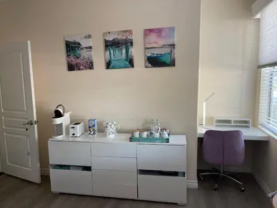 a room with a white desk and a purple chair at Resort Like Stay at a Cozy Relaxing Private Room Near UCI in Irvine