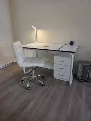 an office desk with a white chair and a lamp at Resort Like Stay at a Cozy Relaxing Private Room Near UCI in Irvine
