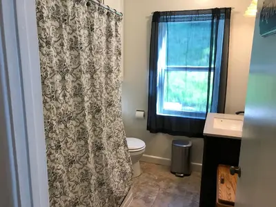 a bathroom with a toilet and a shower curtain at Secluded, Charming and Unique! Spacious Apartment EXCELLENT Central Location in San Diego