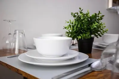 a white bowl and plates on a table with a plant at One Bedroom Apartment with SD Downtown View in San Diego