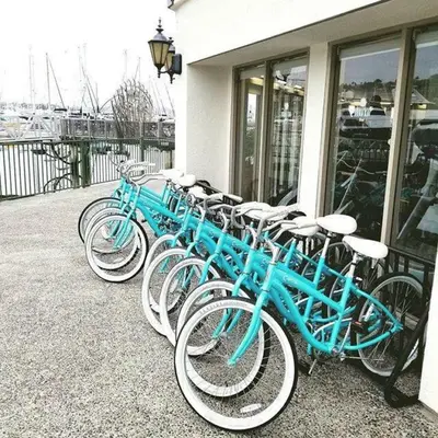 a row of blue bikes parked outside of a building at Kona Kai Resort & Spa, a Noble House Resort in San Diego