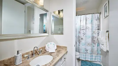 a bathroom with a sink and a shower at New Listing Ocean and Harbor View Cottage in Beach Resort in Oceanside