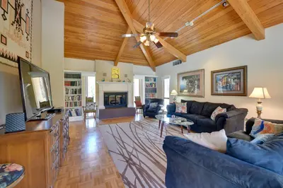 a large living room with a wooden ceiling at Borrego Springs Getaway with Private Pool and Views! in Borrego Springs