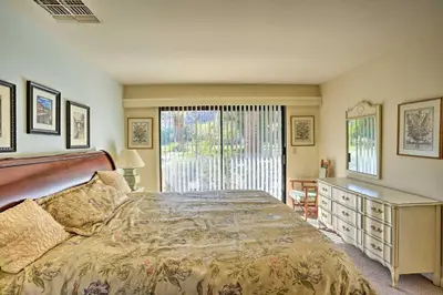 a bedroom with a large bed and a window at Borrego Springs Getaway with Private Pool and Views! in Borrego Springs