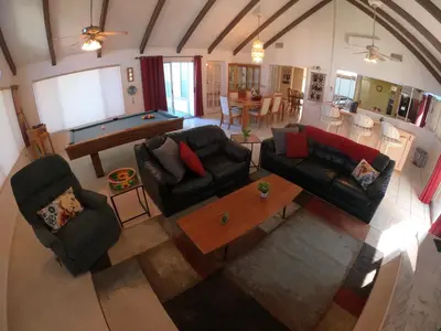 an overhead view of a living room with a pool table at Sommer Hus-Best value in Southern California Wine Country in Temecula