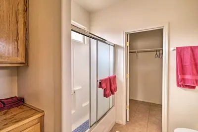 a bathroom with a shower and a glass shower stall at Borrego Springs Stargazing Home with Mtn Views in Borrego Springs