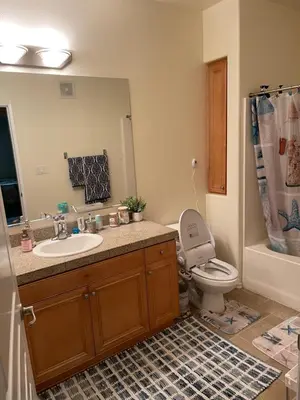 a bathroom with a sink and a toilet and a mirror at Resort like stay in a lovely room near UCI in Irvine