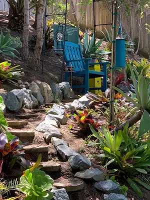 a garden with a blue bench and some rocks at Coastal Hideaway in Carlsbad