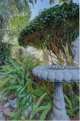 a stone bird bath in a garden with plants at Pelican Cove Inn in Carlsbad