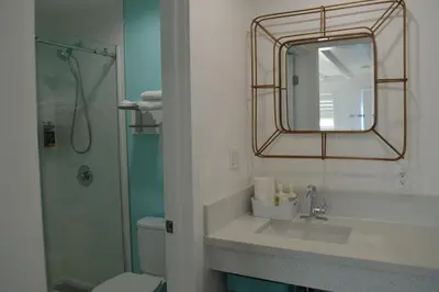 a bathroom with a sink and a mirror and a toilet at Calafia Inn San Clemente Newly renovated in San Clemente