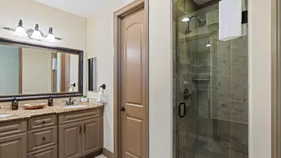 a bathroom with a shower and a sink at Wine Country Villa • Large Rooftop Terrace w Views Game Room Via del Sur in Temecula