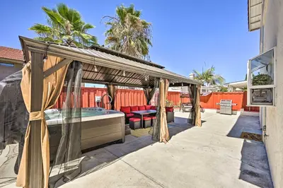 a patio with a gazebo and a hot tub at Karaoke Fun, Hot Tub and Patio! San Diego Sanctuary in San Diego