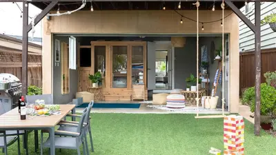 a patio with a table and chairs and a swing at Oliver by AvantStay Summer Escape Beach House 4 Blcks from Ocean in San Diego