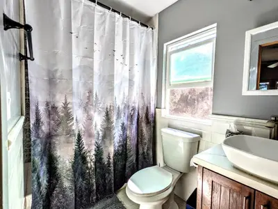 a bathroom with a toilet and a shower curtain with trees at Falcon's Chalet- Cabin in Santa Ysabel