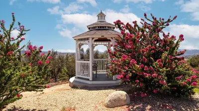 a gazebo in a garden with pink flowers at Sangiovese By AvantStay Spectacular Estate w Pool Hot Tub Putting Green in Temecula