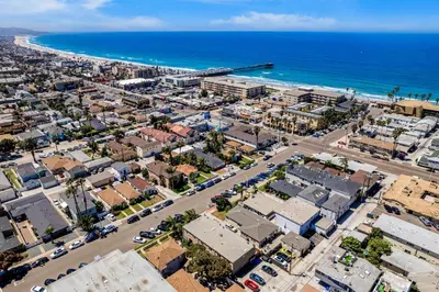 an aerial view of a city and the ocean at Sunsoak Shack in San Diego