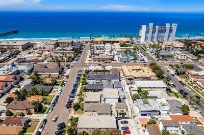 an aerial view of a city with the ocean at Sunsoak Shack in San Diego