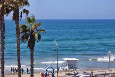 a beach with palm trees and the ocean at Fantastic Ocean View Remodeled All New Furnishings Pet Friendly AC in Oceanside