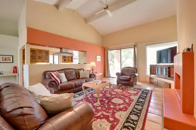 a living room with a leather couch and chairs at Pet-Friendly Borrego Springs Retreat in Borrego Springs