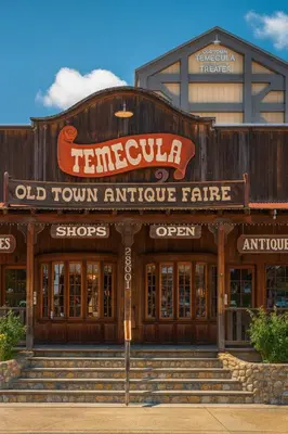 an old town antique fair building with a large sign at Willow brook room with TV in Hemet
