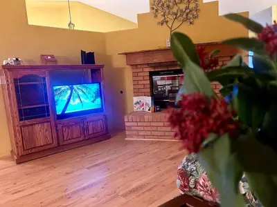 a living room with a television and a fireplace at Wildflower Haven room in Hemet