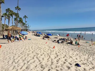 a crowd of people on a beach with palm trees at Blue Whale Inn San Clemente Retreat Unit E in San Clemente