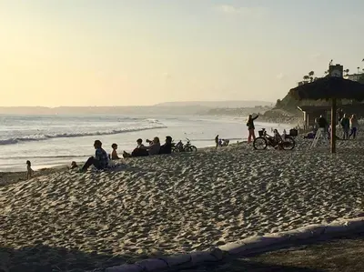 a group of people sitting on a beach at Blue Whale Inn Pet and Kid Friendly Unit C in San Clemente