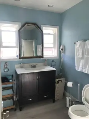 a bathroom with a sink and a mirror and a toilet at Blue Whale Inn Pet and Kid Friendly Unit C in San Clemente