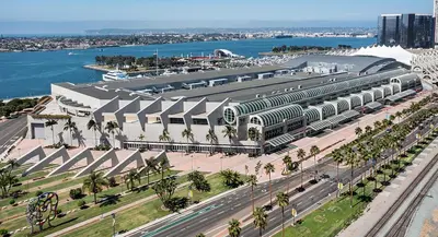 an overhead view of a large building with palm trees at Free Parking Cozy 1BR in Gaslamp Conv Center in San Diego