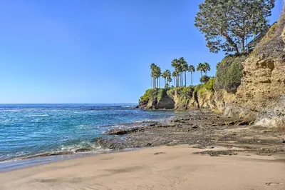 a beach with palm trees on a rocky shore at Luxe Laguna Home with Ocean View Walk to Beach in Laguna Beach